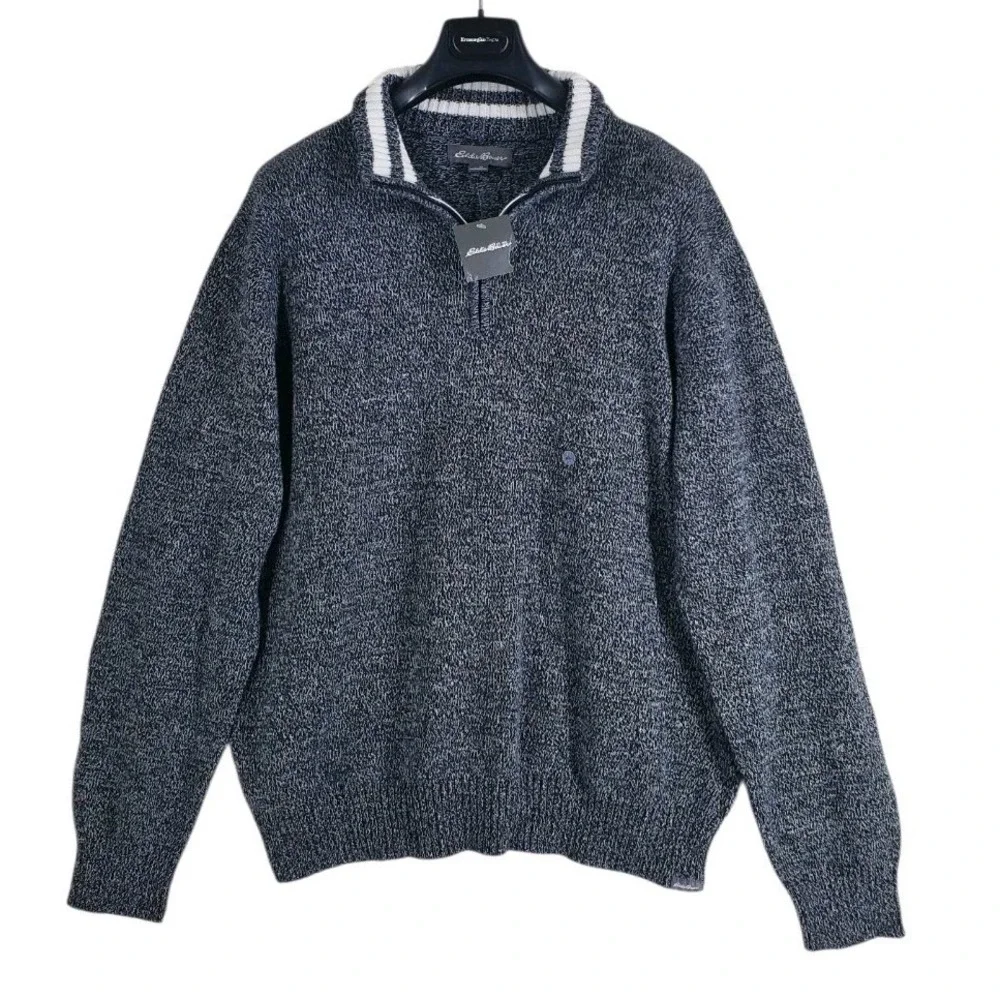 Eddie Bauer Cotton Rag 1/4 Zip Knit Sweater Mens XL Black White Pullover NWT